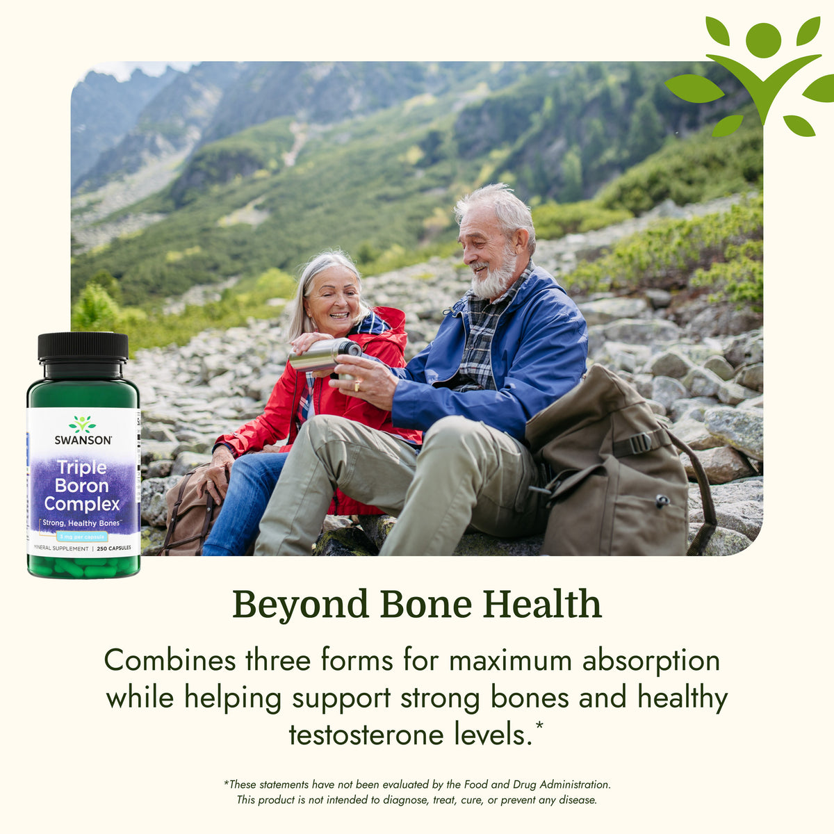 SW599 | Swanson Triple Boron Complex bottle with hikers and text about strong bones and healthy testosterone levels
