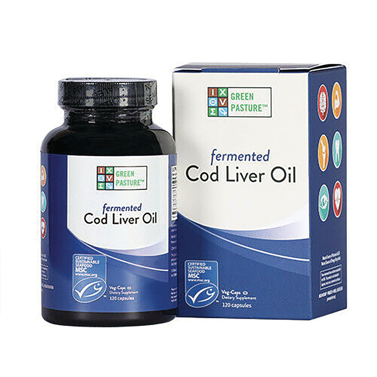 GRP003 | Green Pasture fermented Cod Liver Oil bottle and box with label showing product name