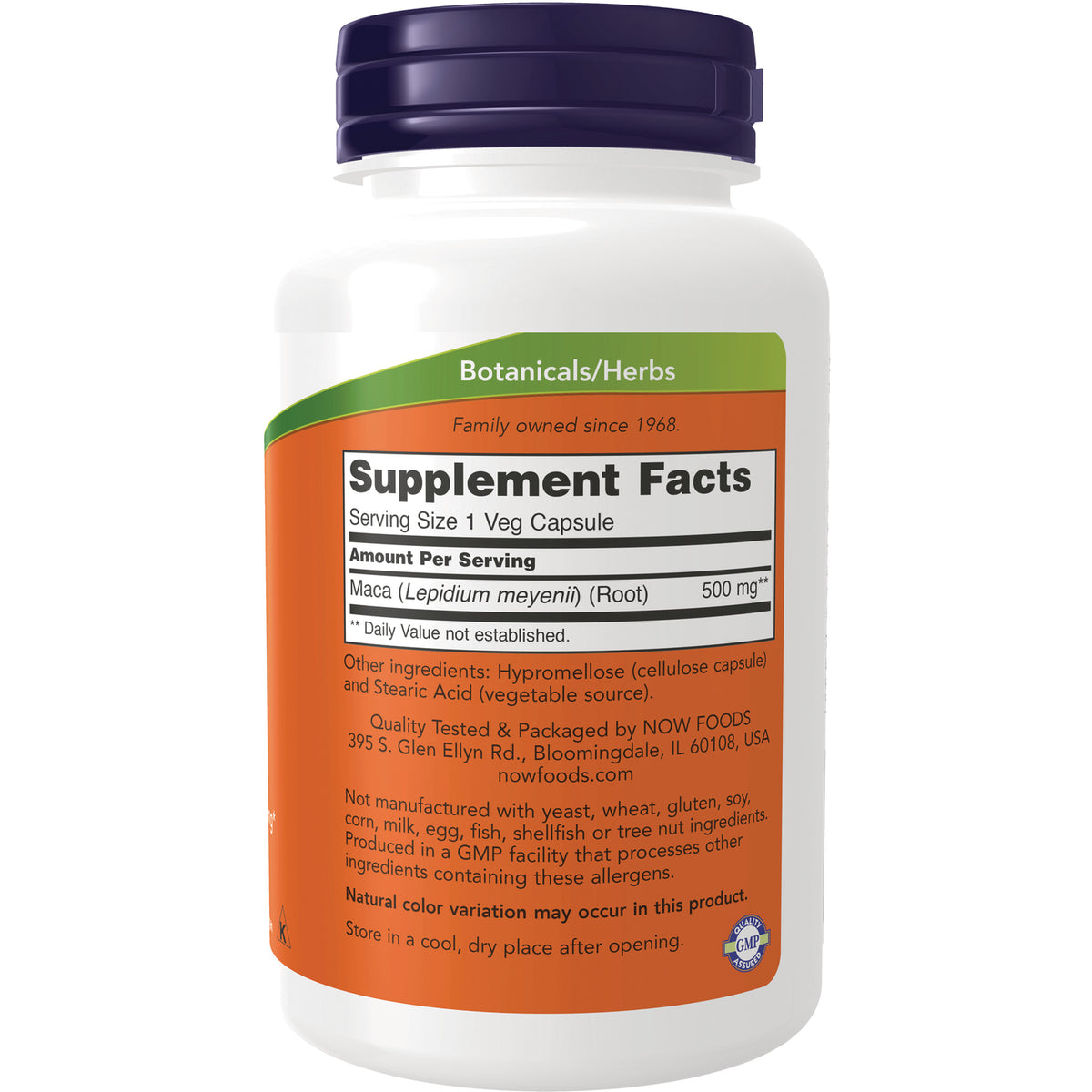 NWF688 | back label with Supplement Facts, serving size 1 veg capsule, Maca (Lepidium meyenii) 500 mg, ingredients and packaging info