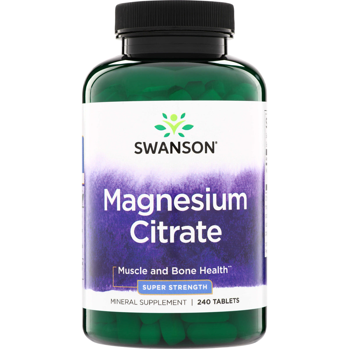 SWU1082 | Swanson Magnesium Citrate, Super Strength mineral supplement, 240 tablets, front label 'Muscle and Bone Health'