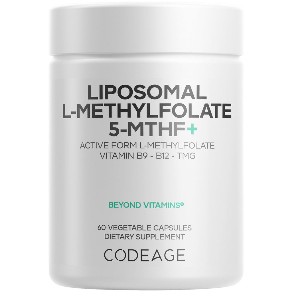 CDG066 | White Codeage supplement bottle front labeled LIPOSOMAL L-METHYLFOLATE 5-MTHF+ 60 vegetable capsules - Thumbnail