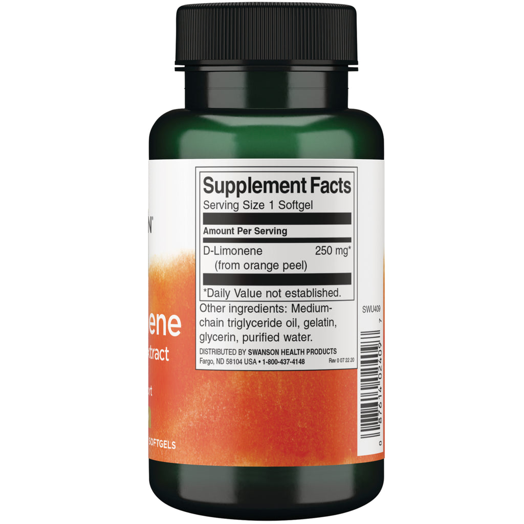 SWU409 | Back label with Supplement Facts: DLimonene 250 mg from orange peel, ingredients list, and barcode - Thumbnail
