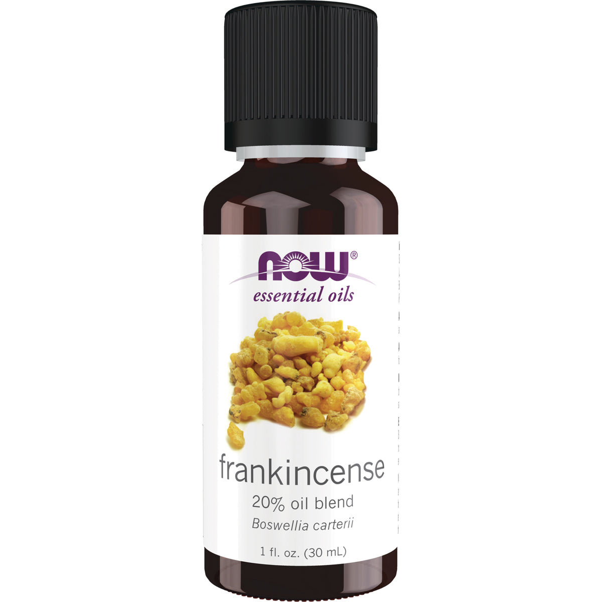 NWF605 | NOW essential oils frankincense 20% oil blend 1 fl oz bottle with amber glass and black cap