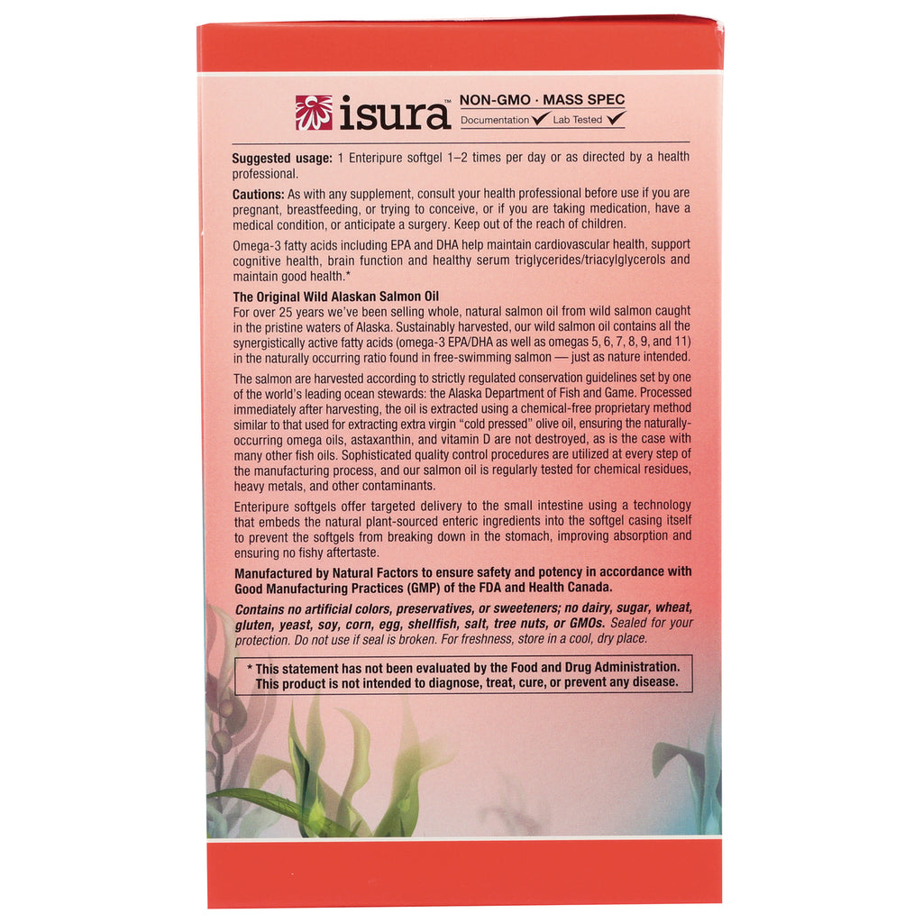 NFC162 | Back of isura salmon oil box showing suggested usage, cautions, manufacturing details and FDA disclaimer - Thumbnail