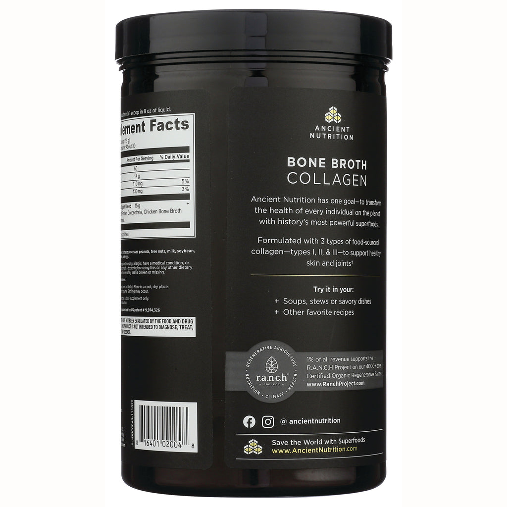 ATN014 | Back label of Ancient Nutrition Bone Broth Collagen jar showing nutrition facts, product description and usage suggestions - Thumbnail