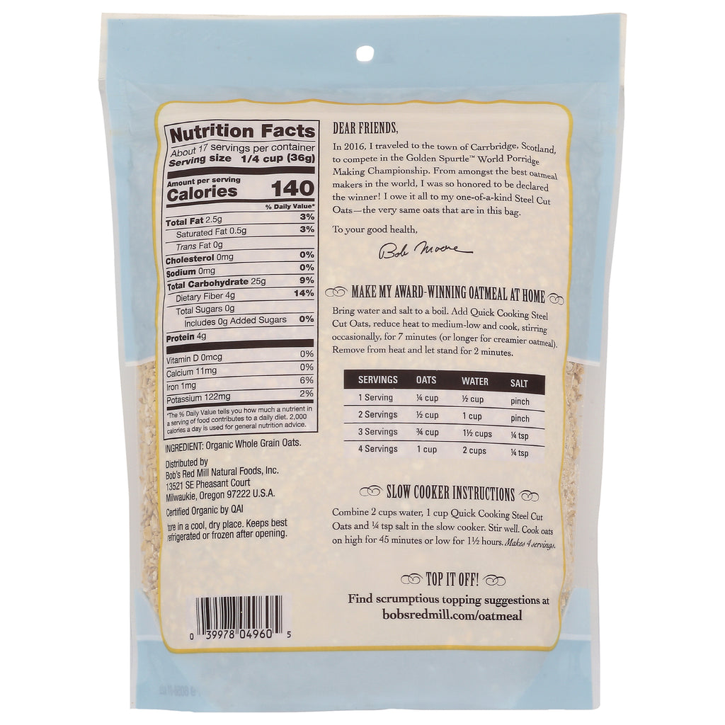 BOB315 | Back of oatmeal bag showing Nutrition Facts panel, ingredient list, and cooking and slow cooker instructions - Thumbnail