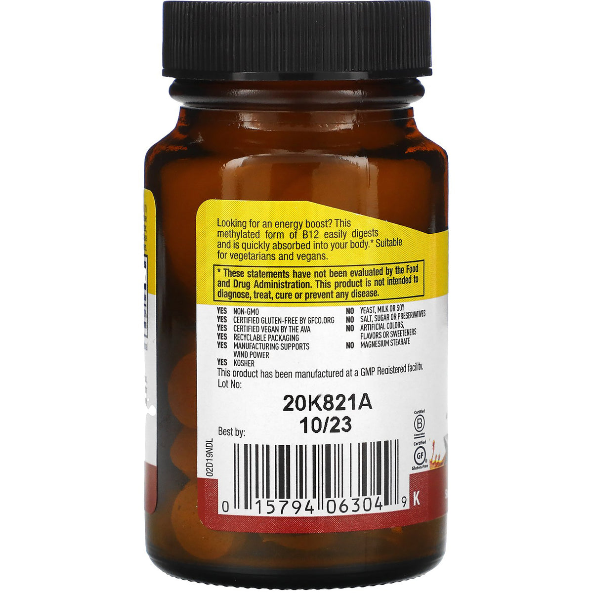 CRL596 | back of amber supplement bottle showing label with lot 20K821A, best by 10/23 and barcode