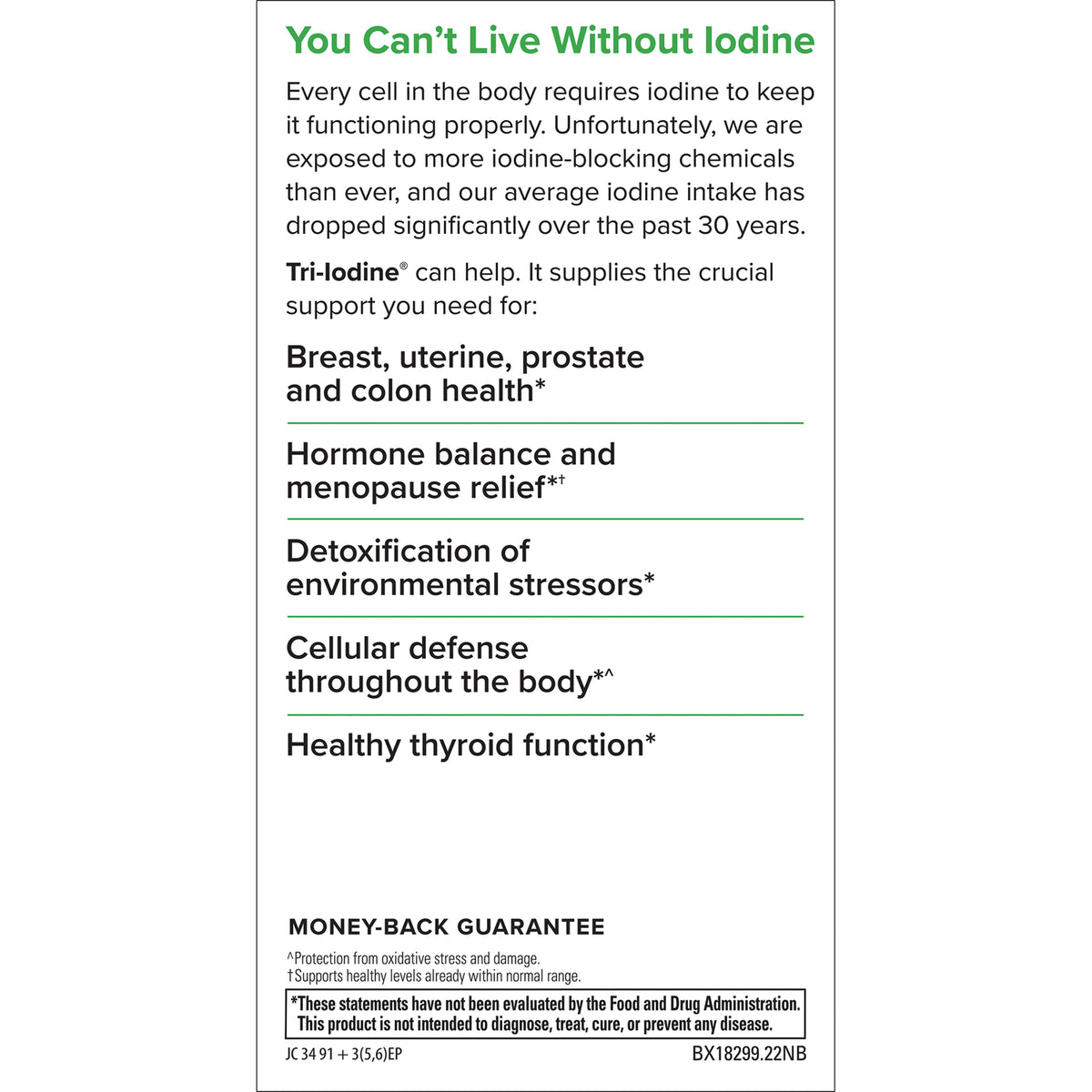 EUR007 | infographic listing iodine benefits including breast, uterine, prostate and colon health; hormone balance; detoxification; thyroid support