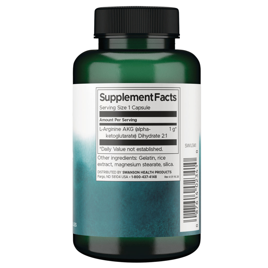 SWU341 | Back label with Supplement Facts for L-Arginine AKG, serving size 1 capsule - Thumbnail