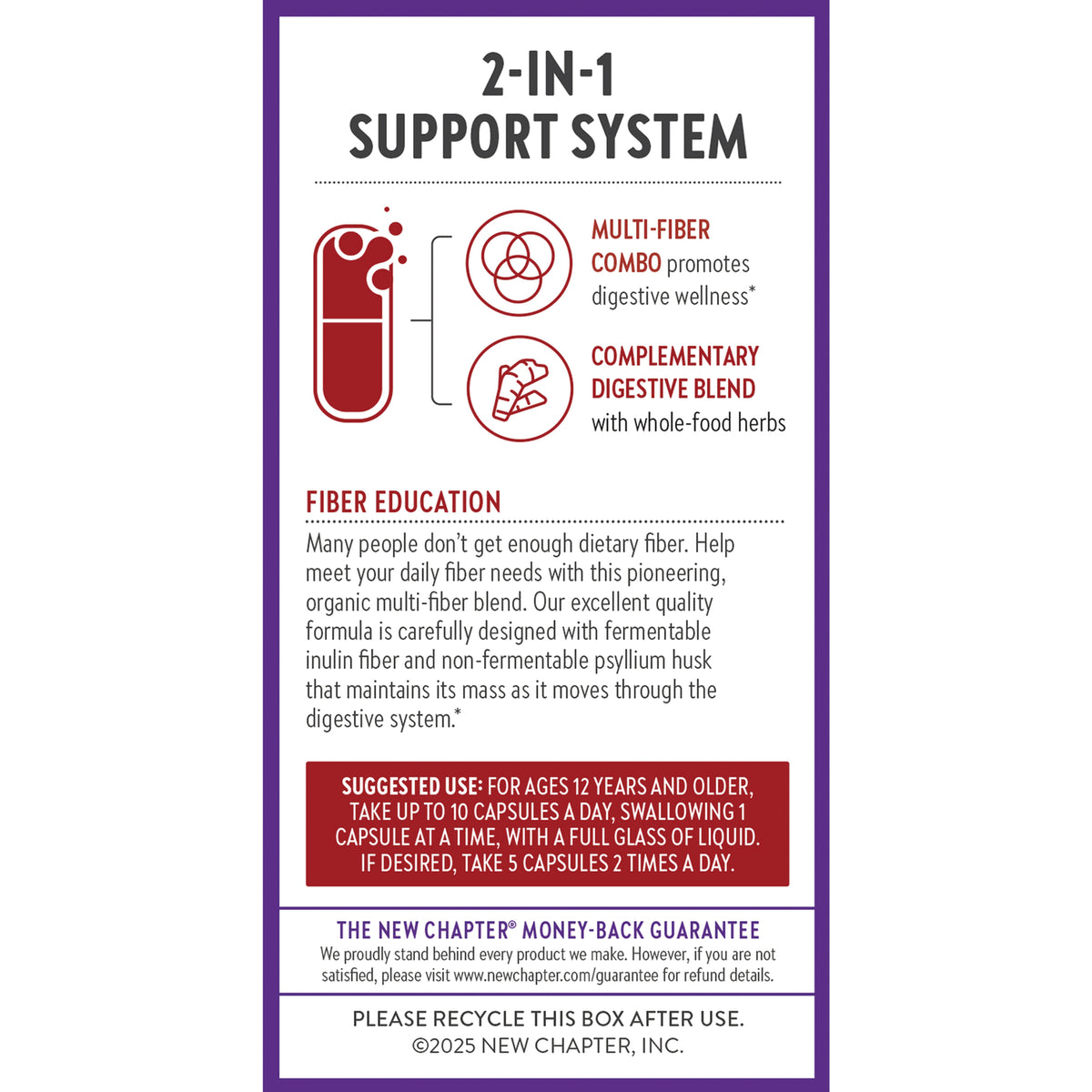 NWC399 | 2-in-1 support system infographic for a fiber supplement, with capsule icon and suggested use