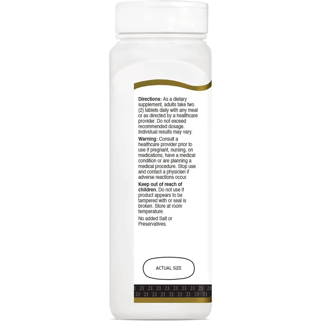 CNT100 | Back label of white supplement bottle showing directions, warnings, storage info and ACTUAL SIZE indicator - Thumbnail