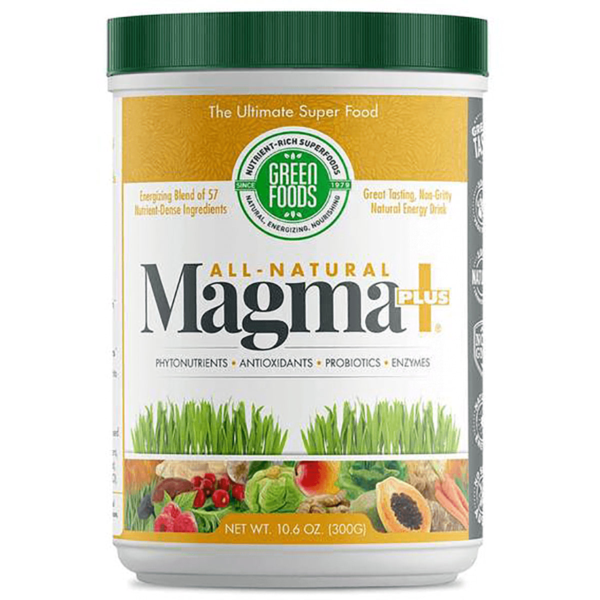 GM036 | Green Foods All-Natural Magma Plus powder tub showing label with logo, wheatgrass and fruit images