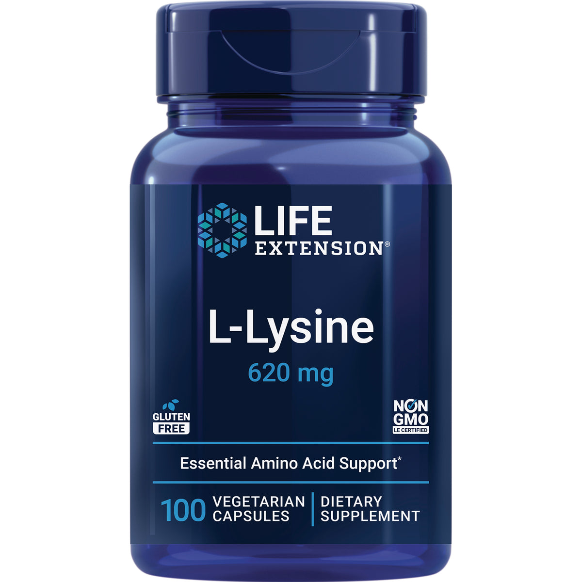 LE335 | Life Extension L-Lysine 620 mg front label on blue bottle, 100 vegetarian capsules, gluten free non-GMO