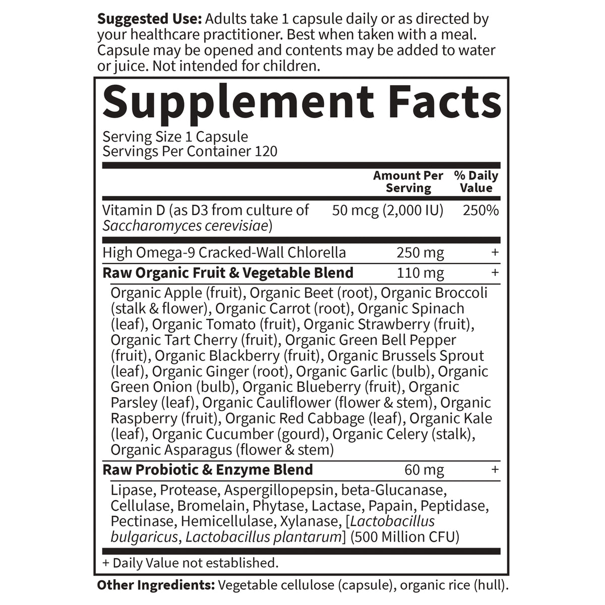 GLF148 | Supplement Facts label showing serving size 1 capsule, vitamin D 50 mcg (2,000 IU), raw organic fruit & vegetable and probiotic blends