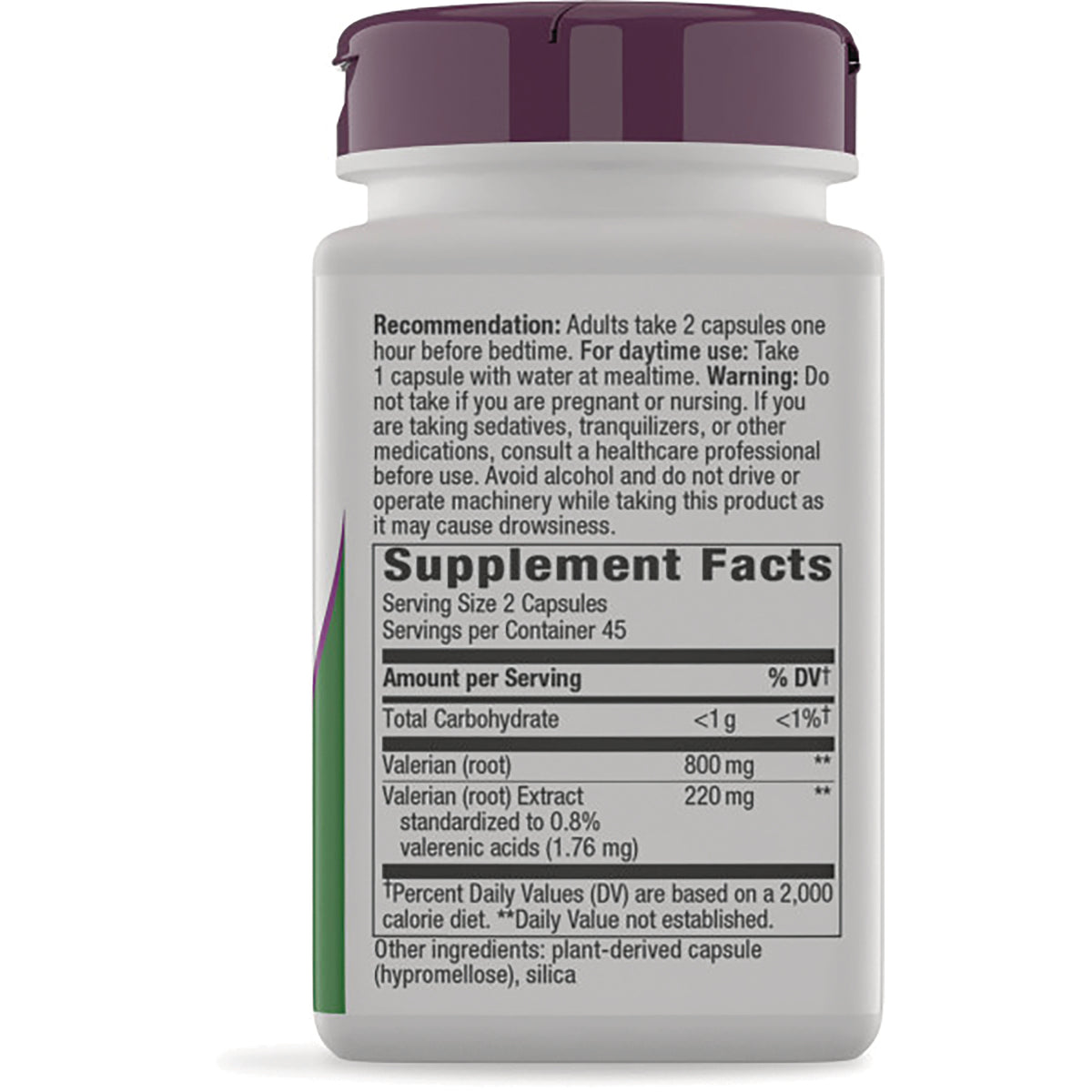 NW536 | Back of white supplement bottle showing Supplement Facts panel, serving size 2 capsules, Valerian 800 mg, directions and ingredients