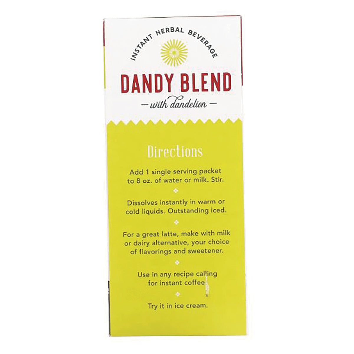 DDY003 | Back panel of Dandy Blend instant herbal beverage box showing directions and serving instructions