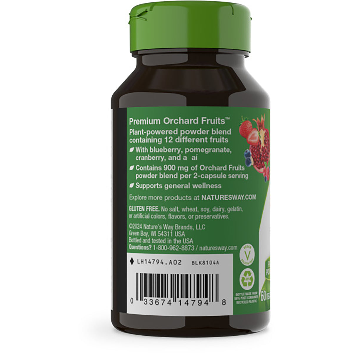 NW560 | Back label of supplement bottle showing Premium Orchard Fruits description, gluten free statement, and barcode