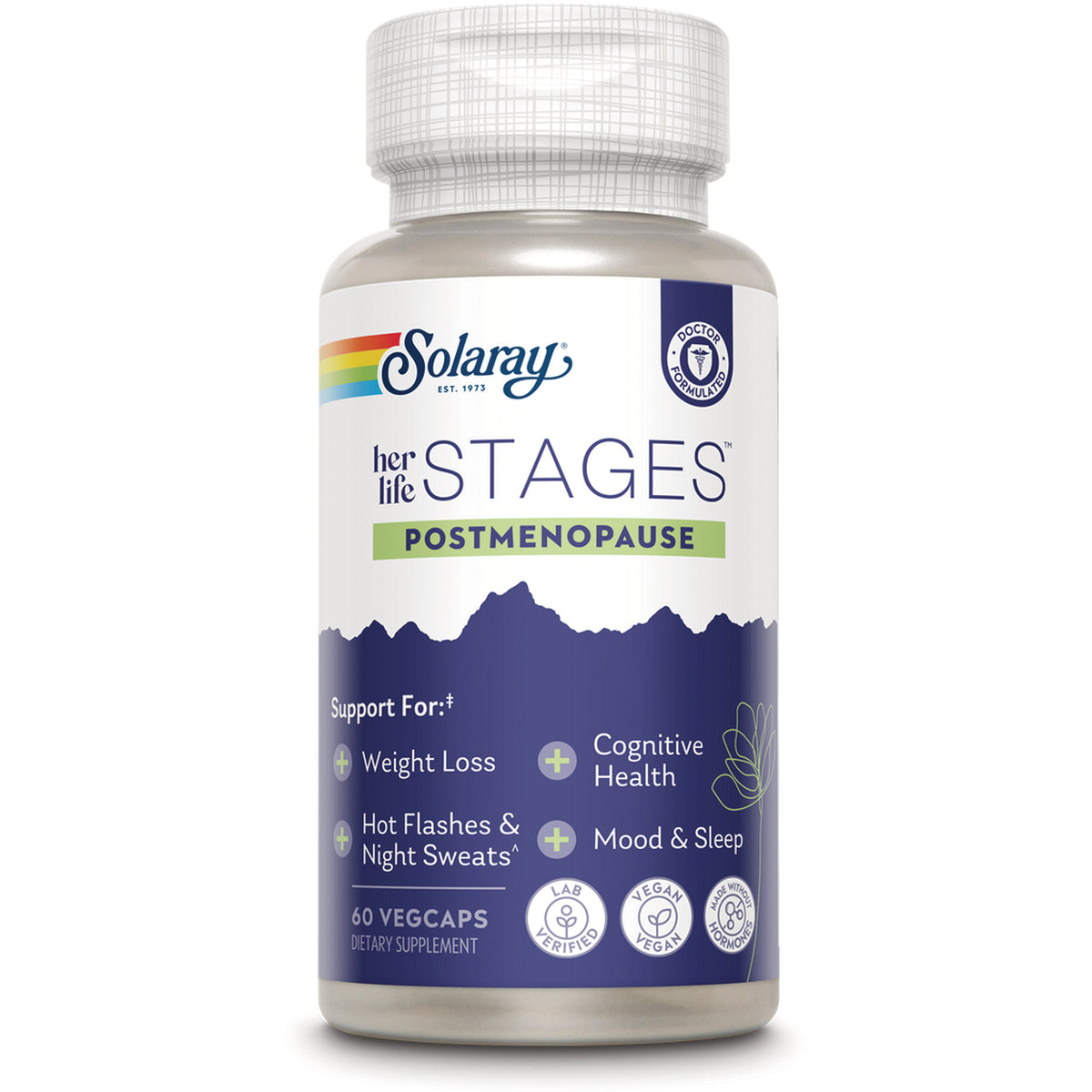 SLR502 | Solaray her life STAGES Postmenopause supplement bottle, 60 vegcaps, front label