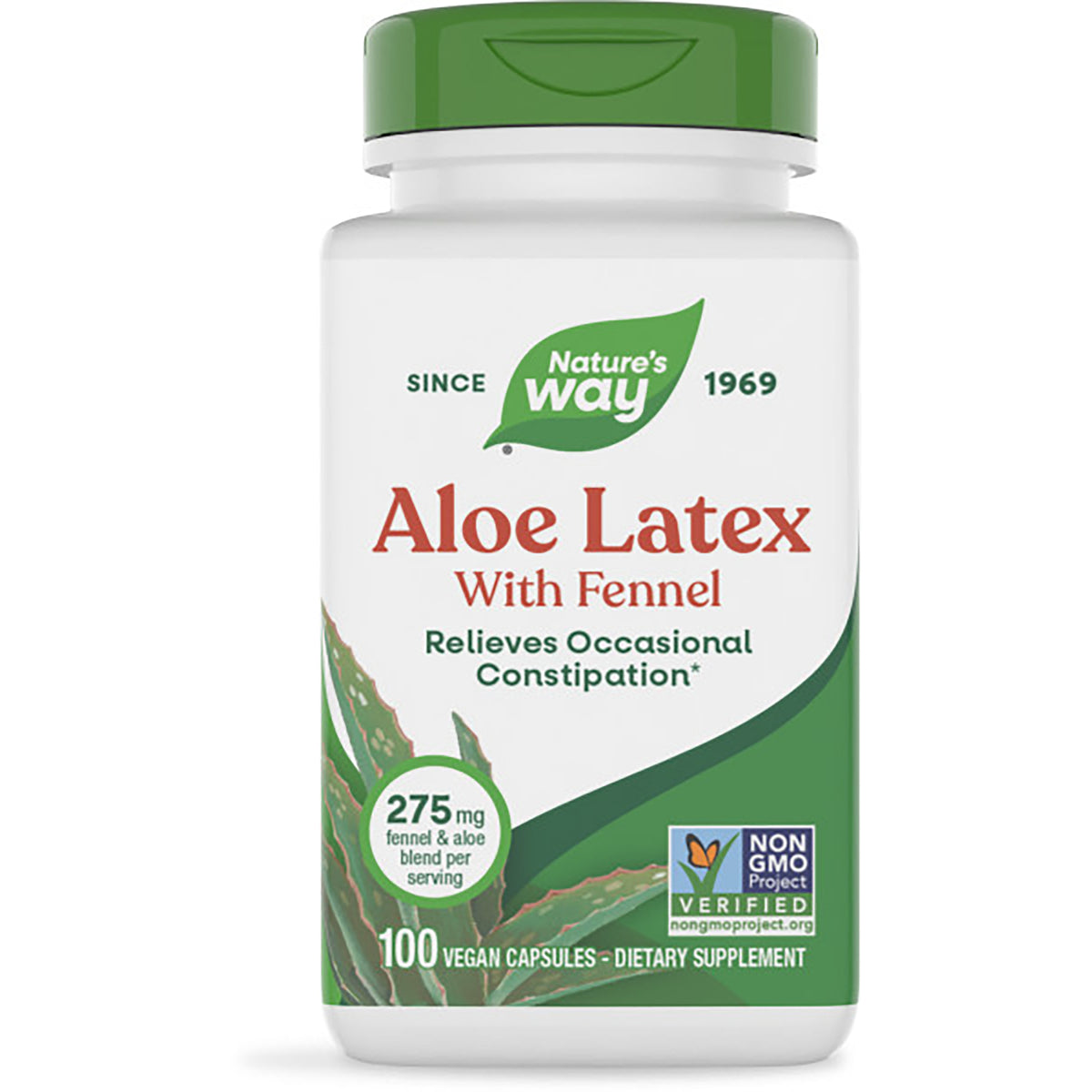 NW108 | Nature's Way Aloe Latex with Fennel dietary supplement bottle, green cap, front label reading ALOE LATEX WITH FENNEL