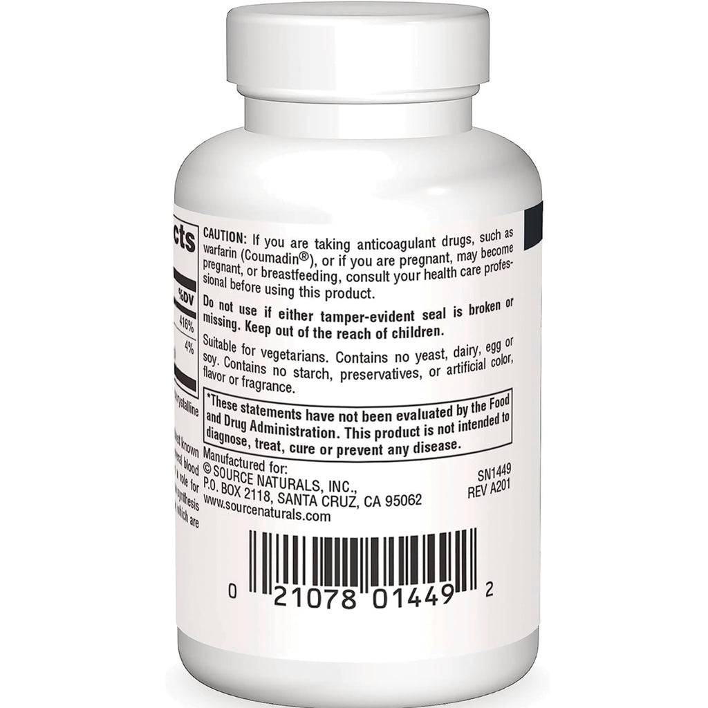 SN606 | Back of Source Naturals supplement bottle with caution details, vegetarian info and barcode - Thumbnail