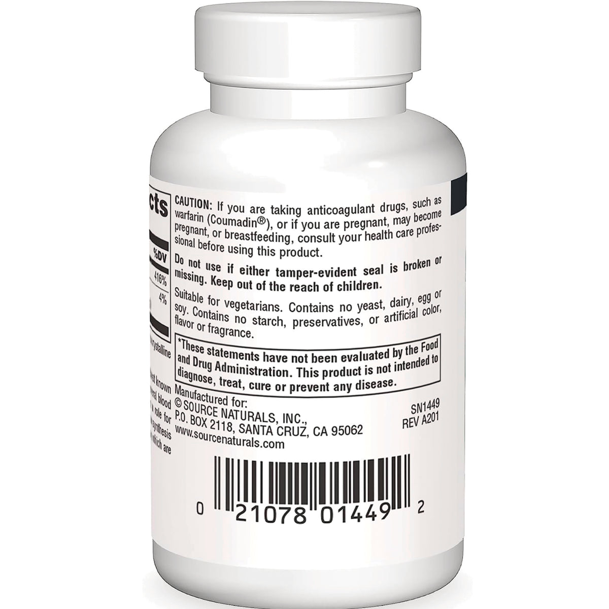 SN606 | Back of Source Naturals supplement bottle with caution details, vegetarian info and barcode