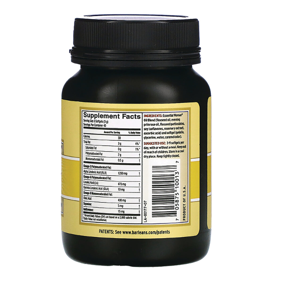 BAR037 | Back of dark supplement bottle showing Supplement Facts label, nutrition table and barcode