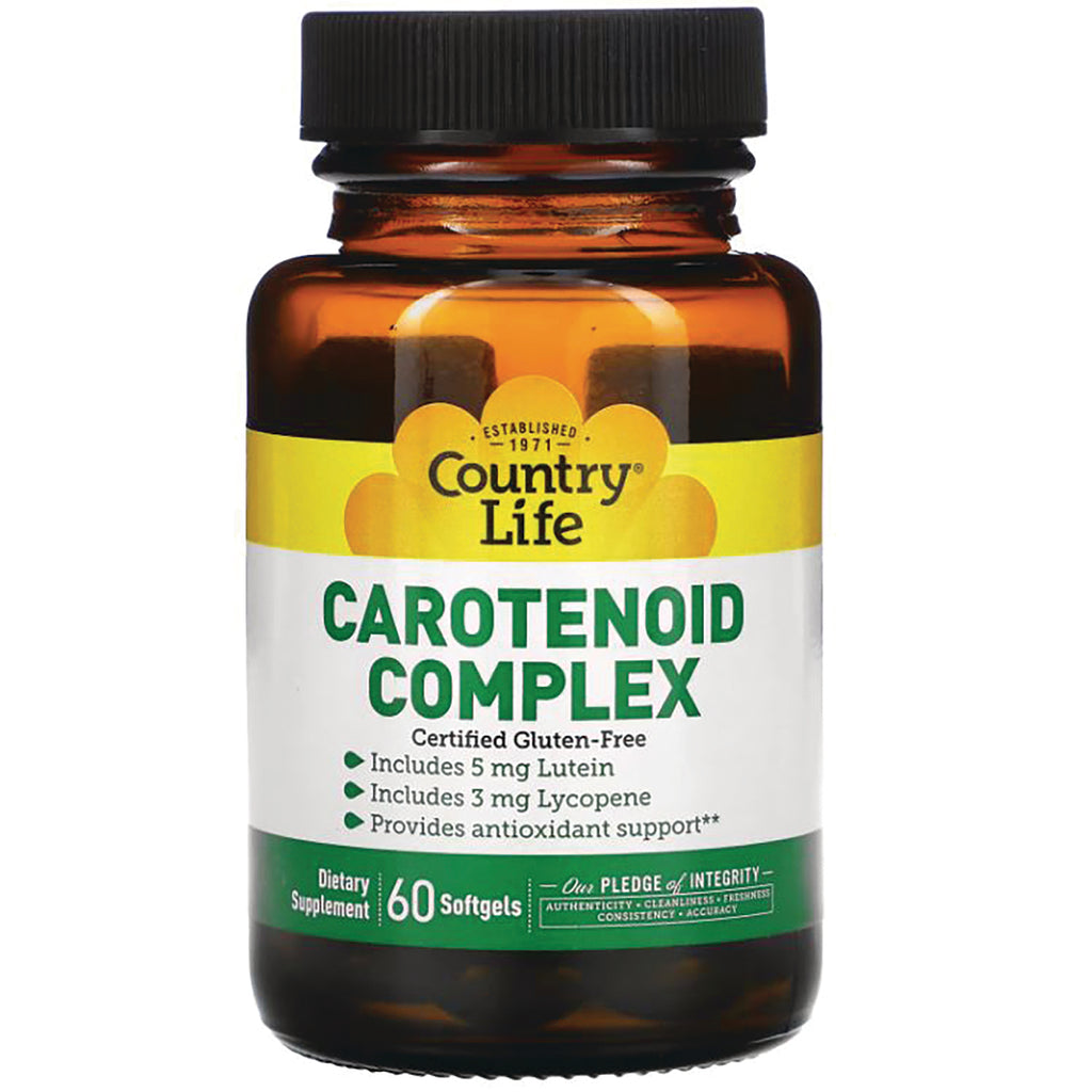 CRL023 | Amber supplement bottle labeled Country Life CAROTENOID COMPLEX 60 Softgels dietary supplement - Thumbnail