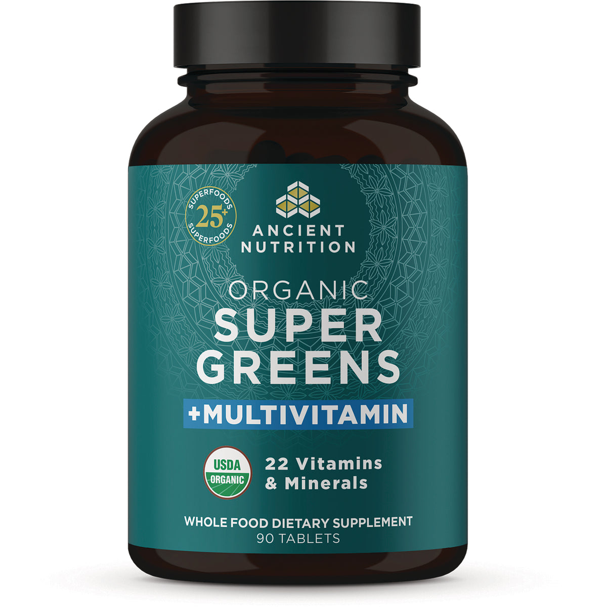 ATN115 | Ancient Nutrition Organic Super Greens +Multivitamin bottle, USDA Organic, 90 tablets