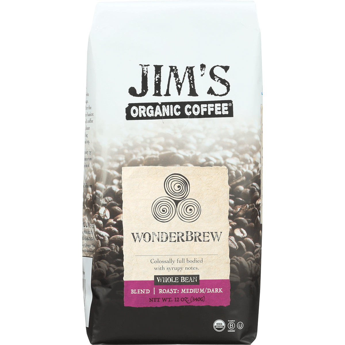 JOC012 | Jim's Organic Coffee Wonderbrew whole bean 12 oz bag, medium/dark roast packaging