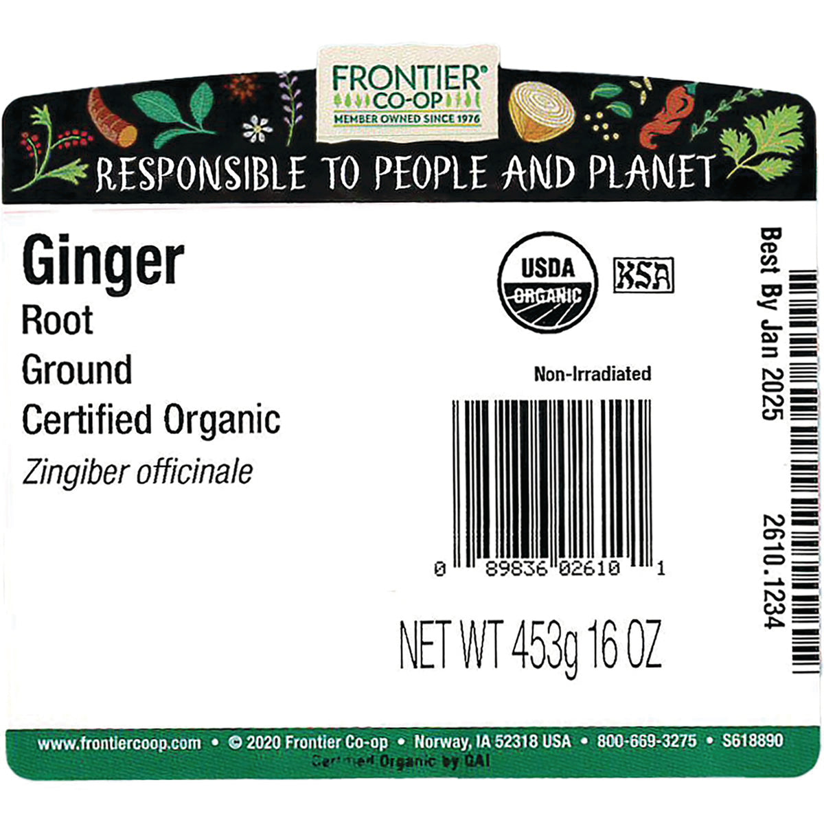 FNP040 | Back label for Frontier Co-op ground ginger root certified organic with barcode and NET WT 453g 16 OZ