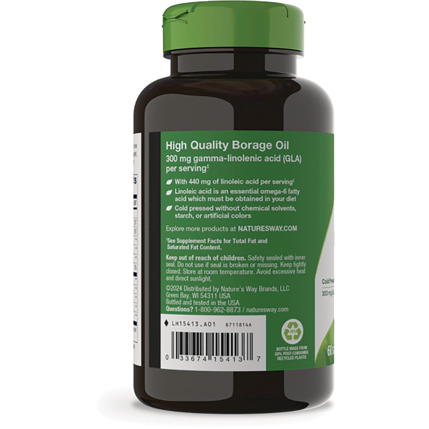NW606 | Back label of brown supplement bottle with green cap showing High Quality Borage Oil text, warnings, and barcode