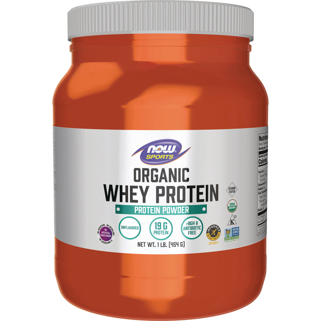 NWF969 | Orange jar of NOW Sports Organic Whey Protein powder, unflavored, 1 lb - Thumbnail