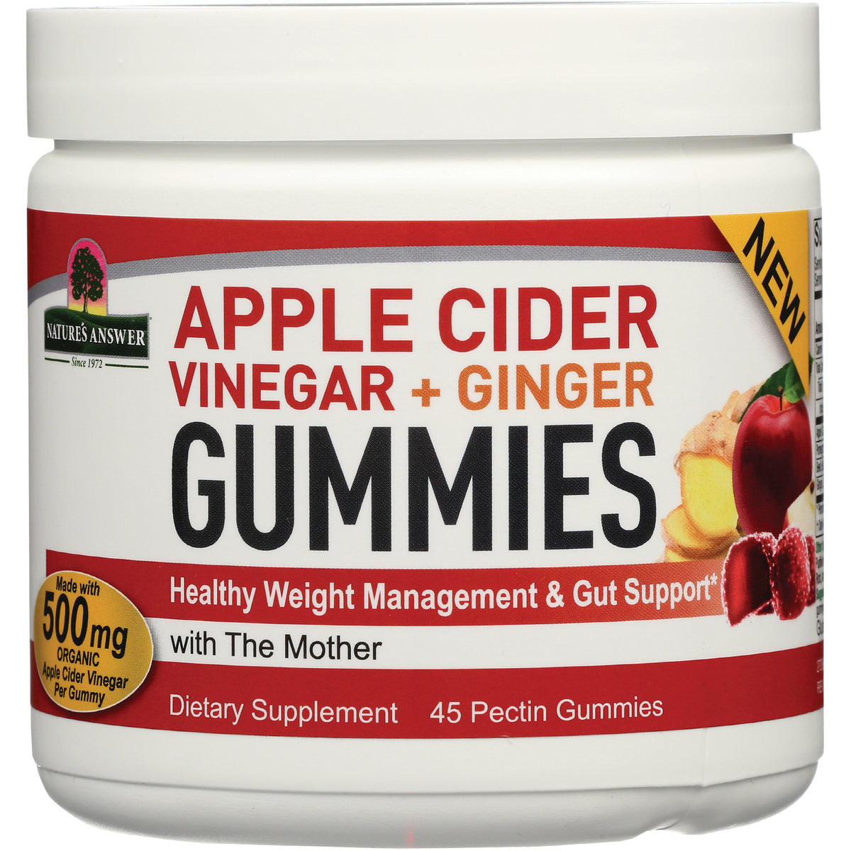NAT411 | Nature's Answer Apple Cider Vinegar + Ginger gummies jar, 45 pectin gummies, 500 mg