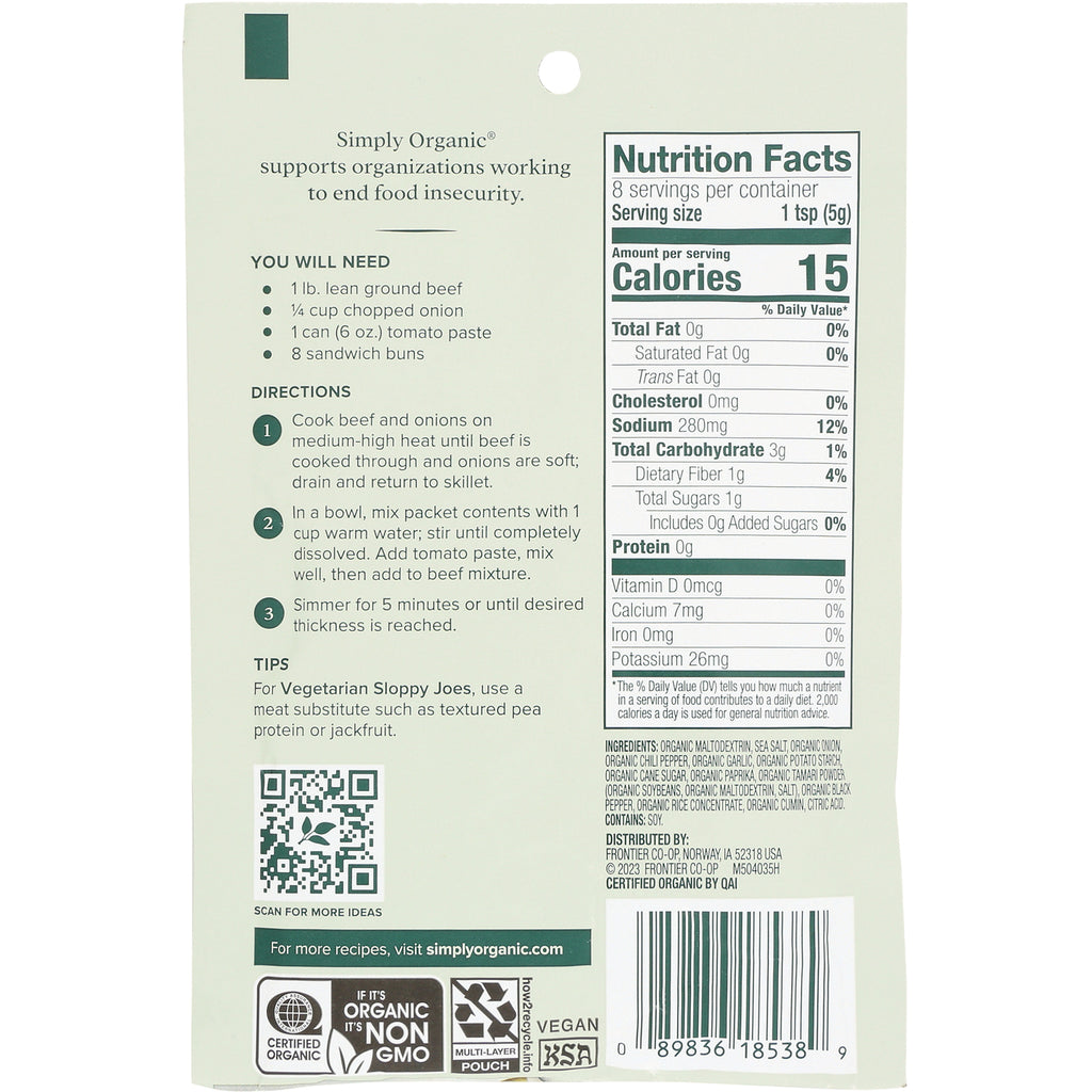 SMP047 | Back of Simply Organic pouch showing Nutrition Facts, directions, ingredients and barcode - Thumbnail