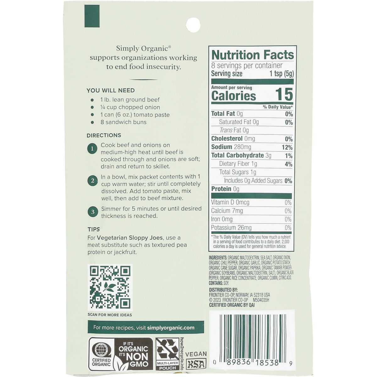 SMP047 | Back of Simply Organic pouch showing Nutrition Facts, directions, ingredients and barcode