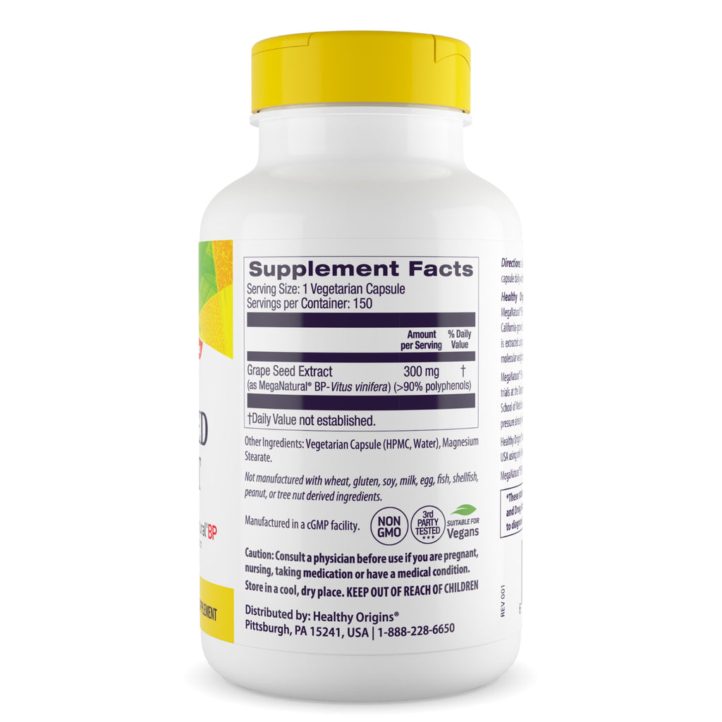 HRG028 | Back label showing Supplement Facts, ingredient list, warnings and certification icons on white bottle with yellow cap - Thumbnail