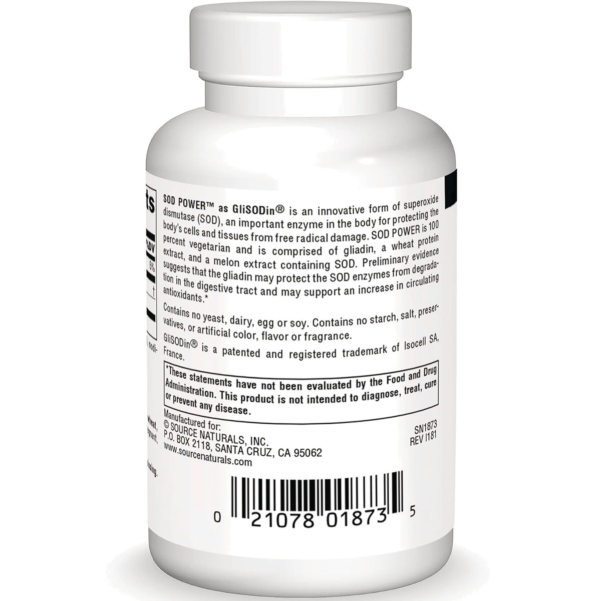 SN751 | Back label of Source Naturals SOD Power with GliSODin, ingredient details and barcode