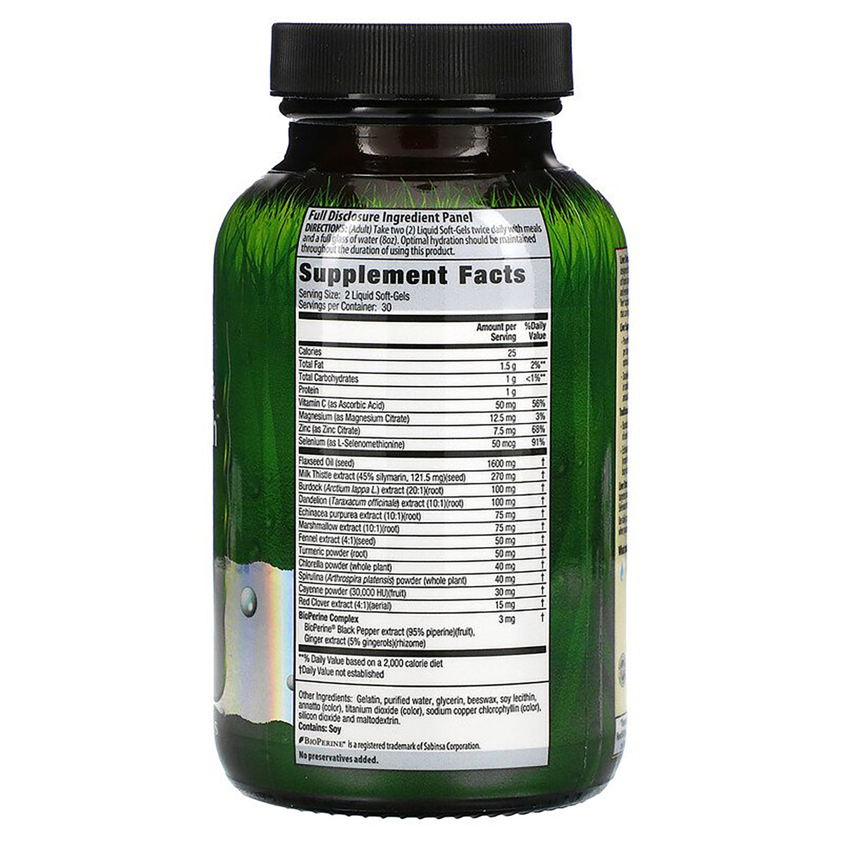 IR156 | Back of green supplement bottle showing Supplement Facts panel and ingredient list