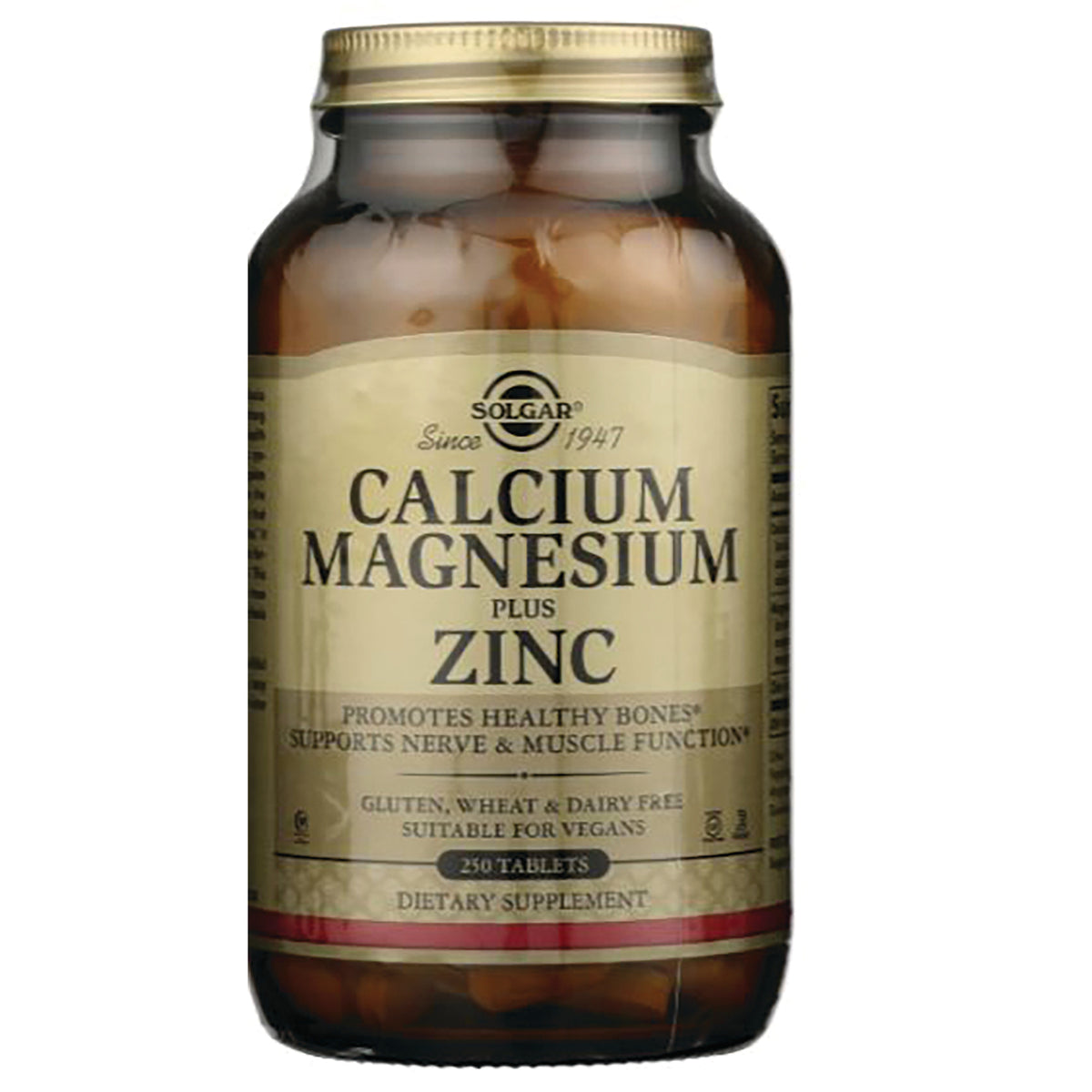 SLG266 | Solgar Calcium Magnesium plus Zinc dietary supplement bottle, 250 tablets