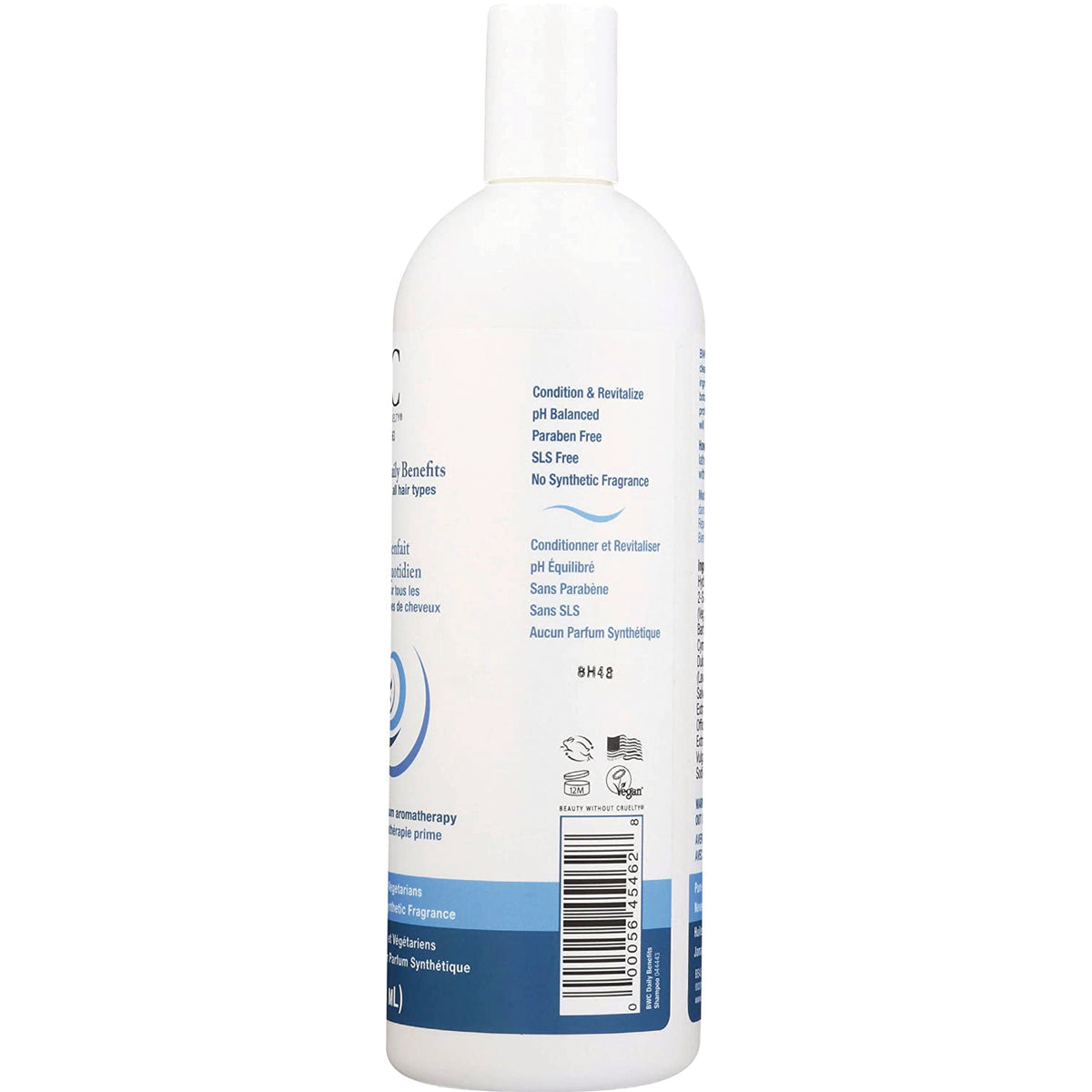 BWC090 | Back label of white conditioner bottle showing benefits text, icons and barcode