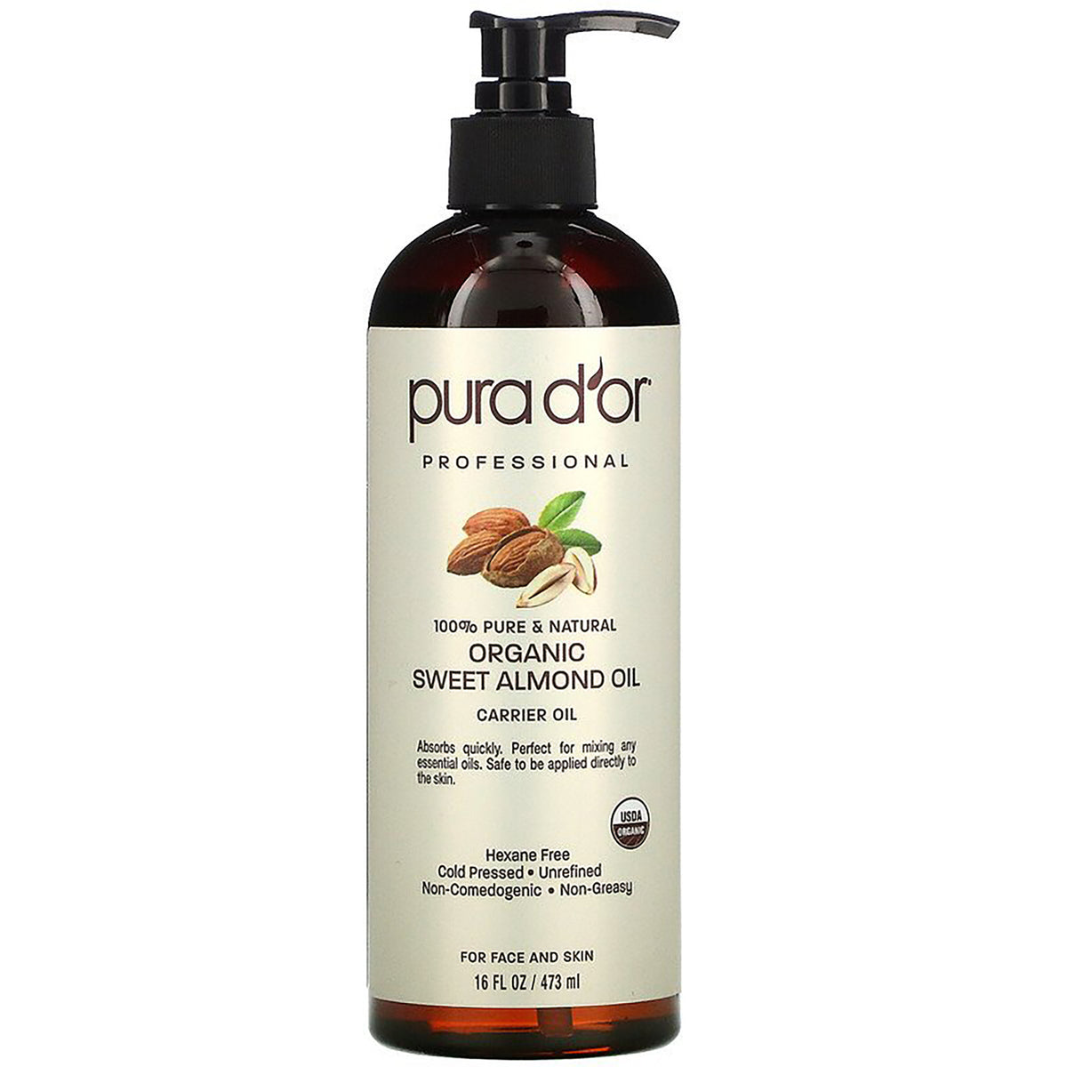 Pura d'or professional organic sweet almond oil 16 fl oz pump bottle