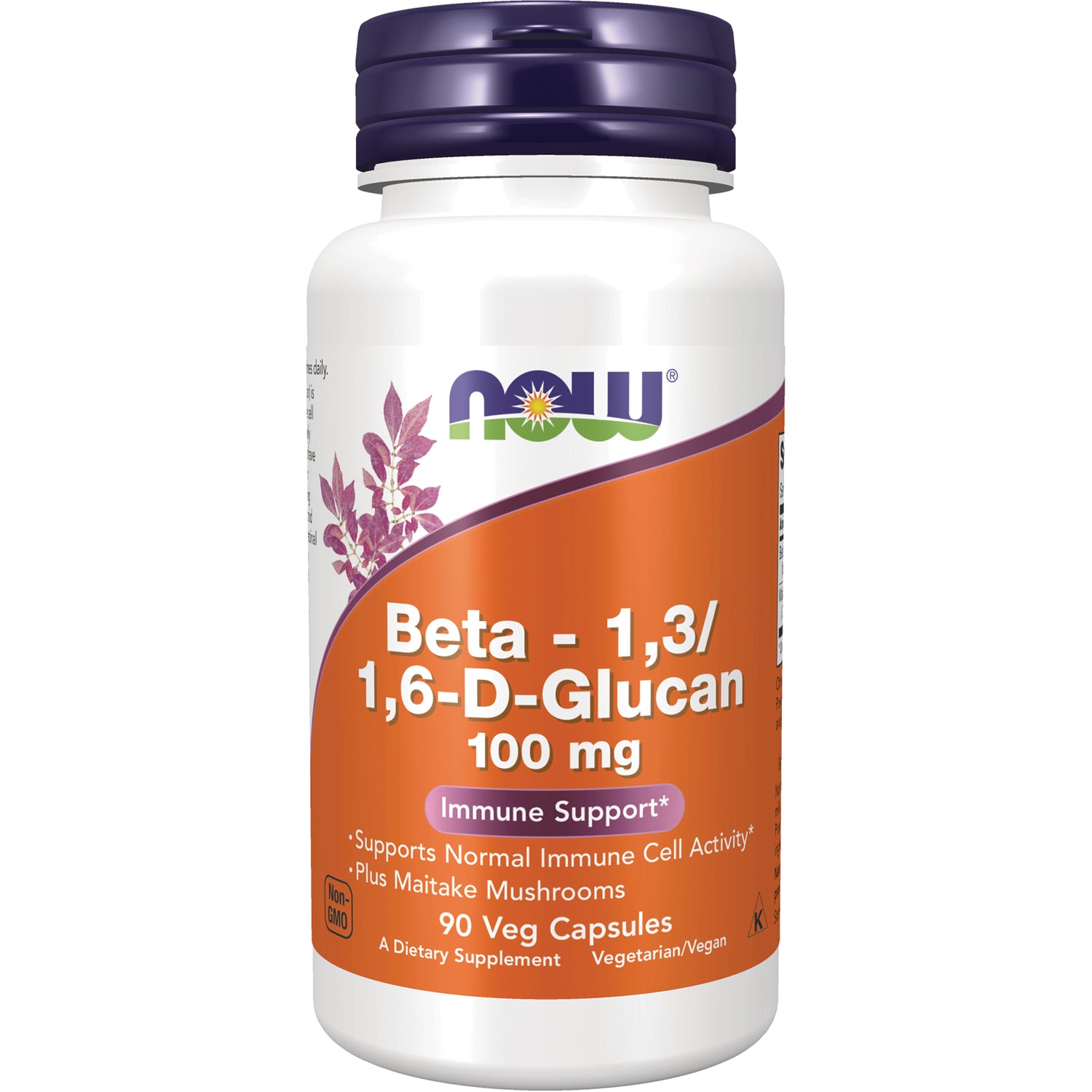 NWF185 | NOW Beta-1,3/1,6-D-Glucan 100 mg supplement bottle front label showing Immune Support and 90 Veg Capsules