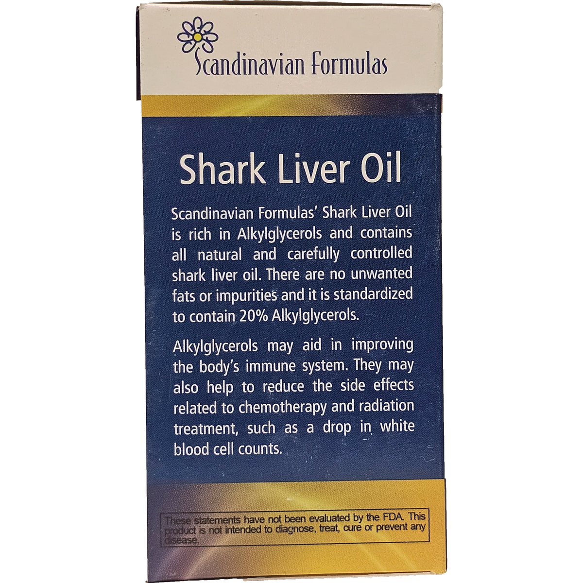 SCD005 | Back panel of Scandinavian Formulas Shark Liver Oil box showing product description and claims