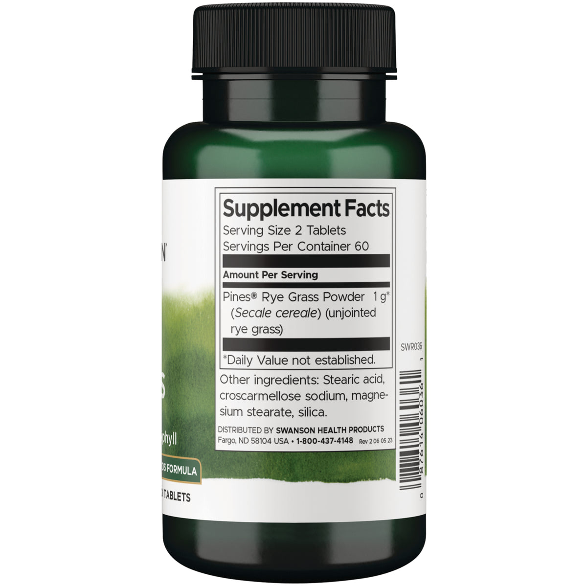 SWR036 | Back of Swanson supplement bottle showing Supplement Facts for rye grass tablets and ingredients panel