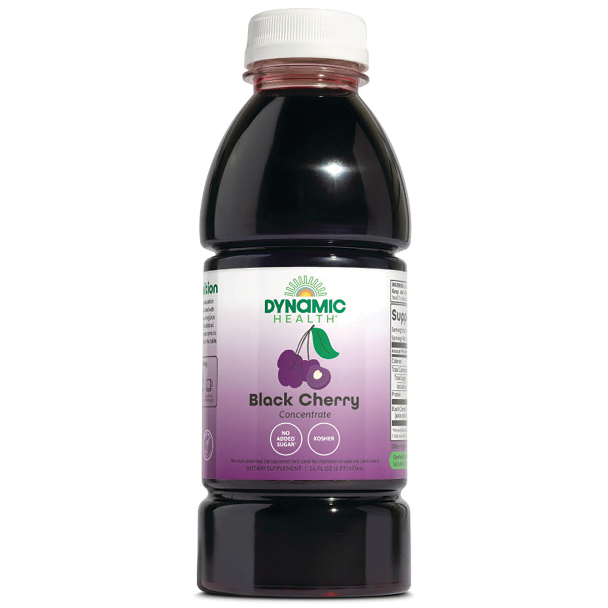 DYH003 | Dynamic Health Black Cherry concentrate bottle with label showing No added sugar and Kosher
