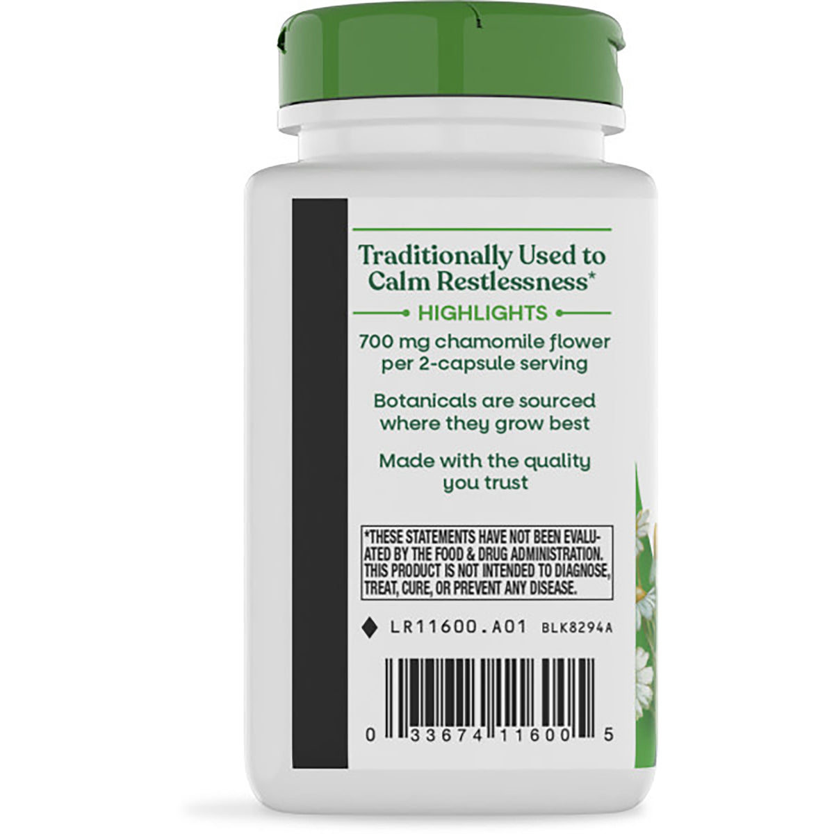 NW930 | Back of white supplement bottle with green cap showing gluten free text, vegan and recycling icons, and contact info