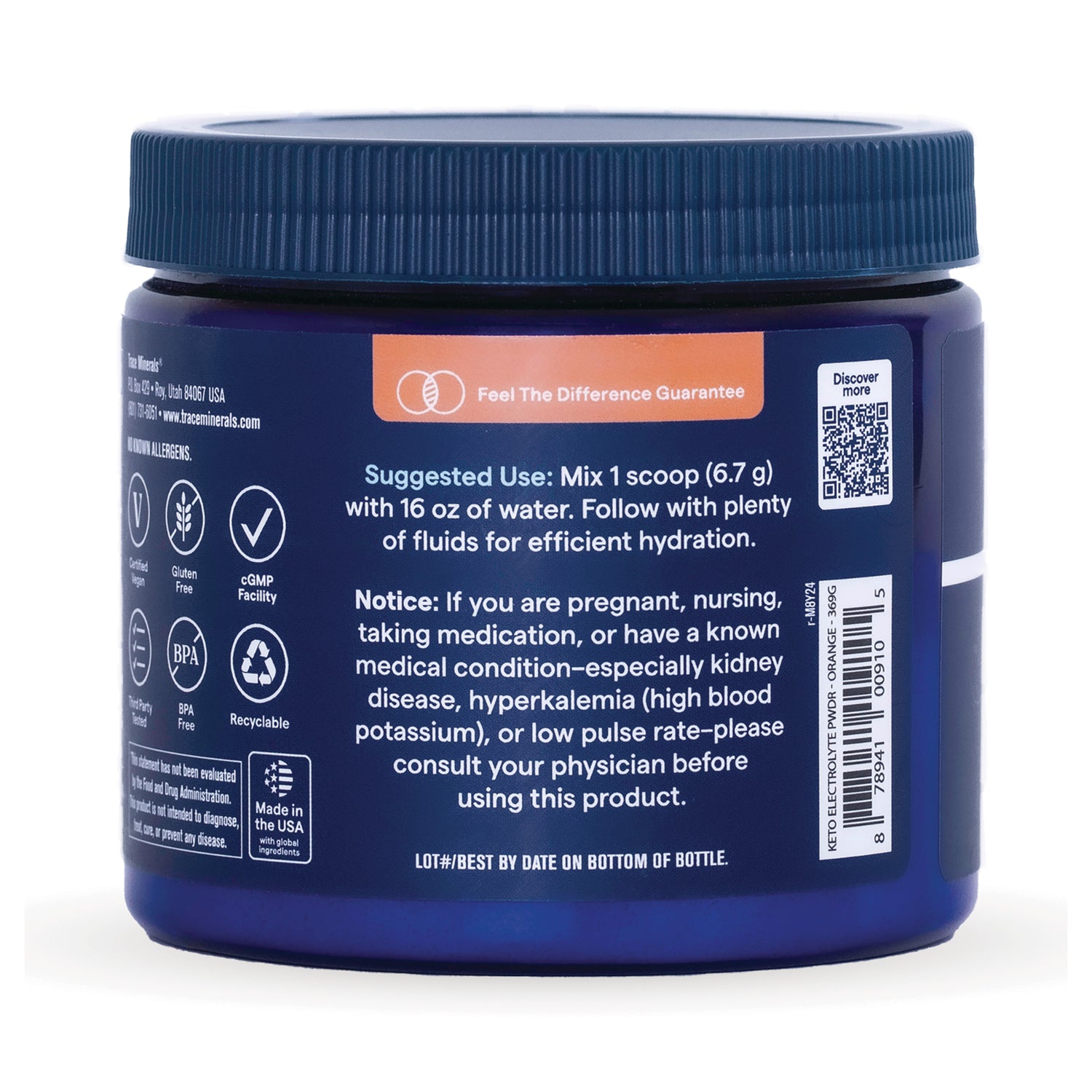 TM162 | Back label of blue jar showing Suggested Use: Mix 1 scoop (6.7 g) with 16 oz water, notice, and QR code