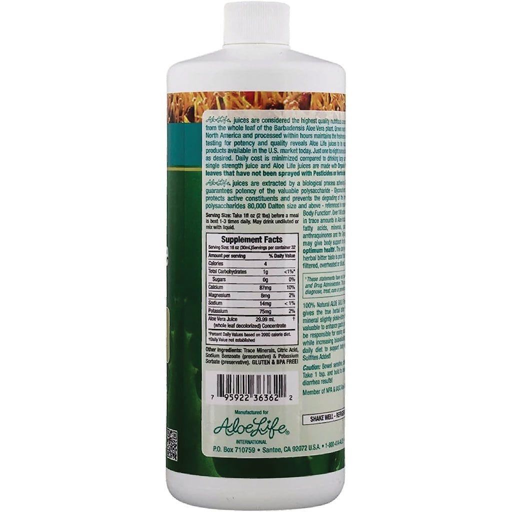 ALI001 | Back label with Supplement Facts, ingredients, barcode, and AloeLife aloe vera juice details - Thumbnail