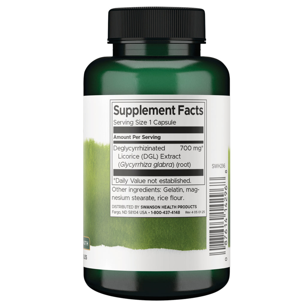 SWH296 | Supplement Facts panel for Deglycyrrhizinated Licorice (DGL) Extract, serving size 1 capsule - Thumbnail