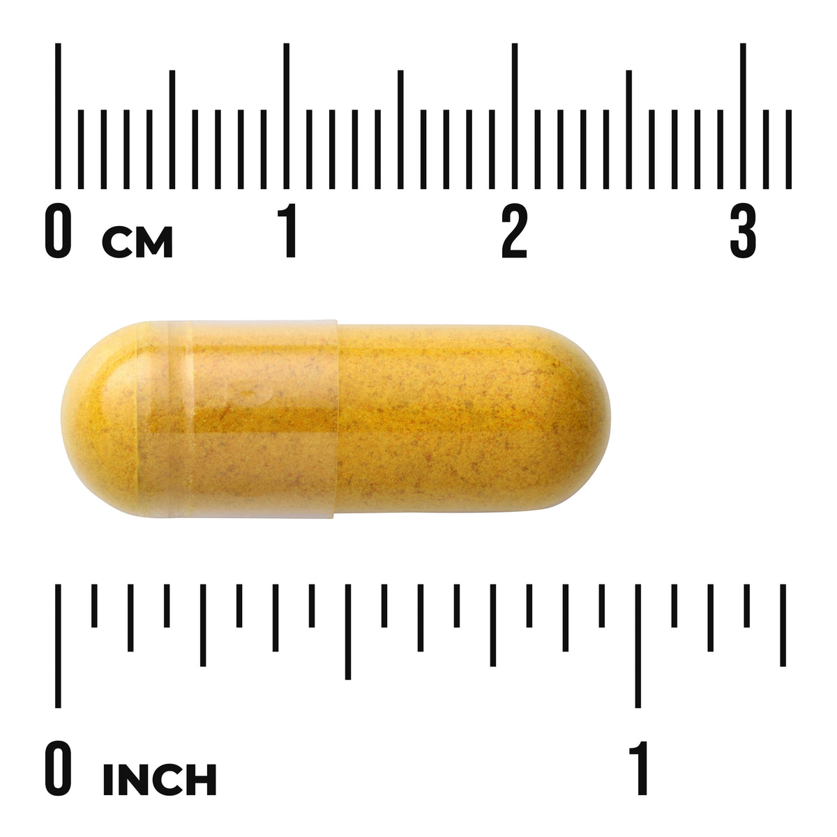 SW1075 | Yellow capsule shown with cm and inch rulers for size reference